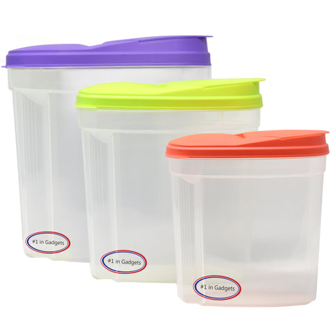 Large Plastic Cereal/Snack Keeper, Dry Food Storage Holder/Containers,Flip Top Lid for Easy Pouring, Ergonomic Grip for Easy Handling, Great for any Dry Food to Stay Fresh! (Set of 3)