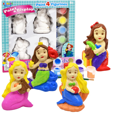 Paint Your Own Figurines, Decorate Your Own Mermaids Painting Kids Set, Includes 4 Mermaid Figurines, 6 Pots of Paint, Complete Plaster Craft Kit for Kids