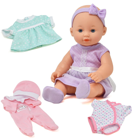Baby Doll with Clothes, Includes Newborn Accessories for Dolls, Realistic 12 Inch Vinyl Doll 8 Piece Set for Girls, Toddlers and Kids, 4 Baby Clothes, Hair Band and Slippers