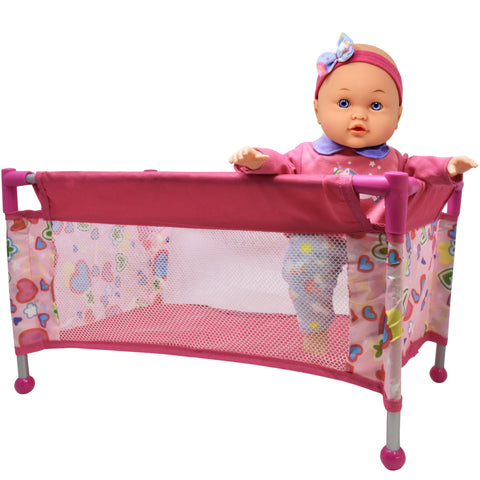 Doll Pack N Play, Take Along Crib Toy Accessory for Dolls with Carry Along Bag, Doll Travel Playpen Bed