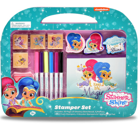 Shimmer and Shine Coloring Stamper and Activity Set, Mess Free Craft Kit for Toddlers and Kids, Drawing Art Supplies Included Sketch Book, 6 Color Markers, 3 Foam and 4 Wooden Stampers and 1 Ink Pad