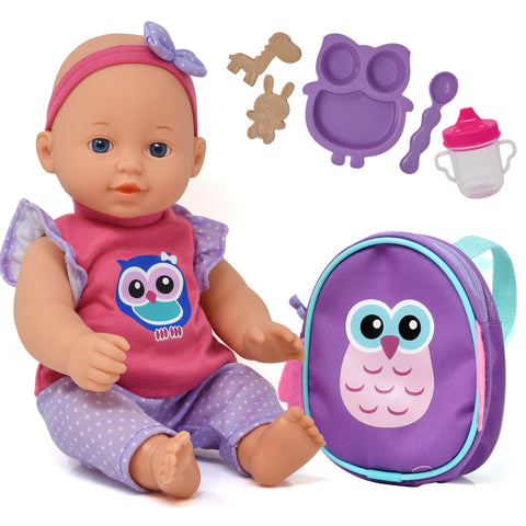 Baby Doll with Backpack Carrier, Doll Feeding Set Accessories, 12 Inch Doll with Baby Bottle and Mini Doll Backpack, Unicorn Owl Styles May Vary
