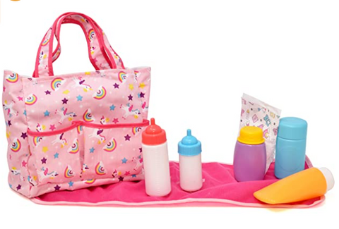 Baby Doll Diaper Bag with Accessories, Doll Care Kit Changing Set Includes Bottles, Diaper, Baby Lotion, Powder and Blanket