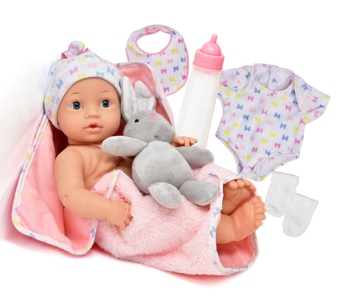 Realistic Newborn Baby Doll with Magic Disappearing Milk Bottle, Pacifier, Bib, Teddy Bear and Soft Blanket Accessories, 16 Inch Lifelike New Born Deluxe Set