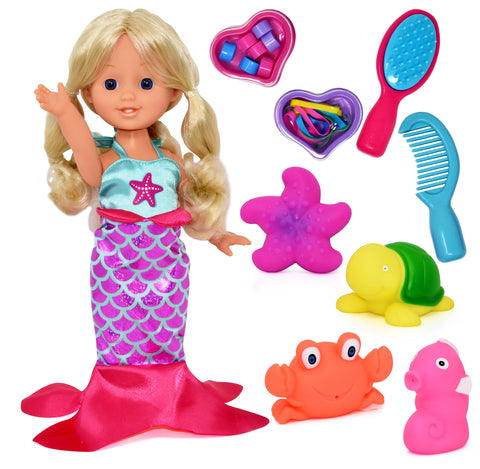 Mermaid Doll, 12 Inch Princess with Blonde Hair and Hair Accessories, Comb, Clips, Brush, Waterproof Plastic Bath Toys Seahorse, Starfish, Turtle and Crab for Pool Bathtub Swimming