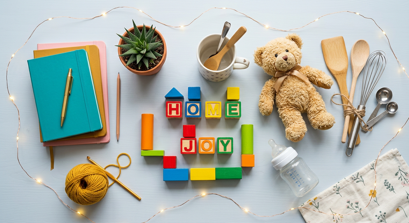 Flat lay of notebooks, toy blocks, a teddy bear, kitchen utensils, yarn and a baby bottle